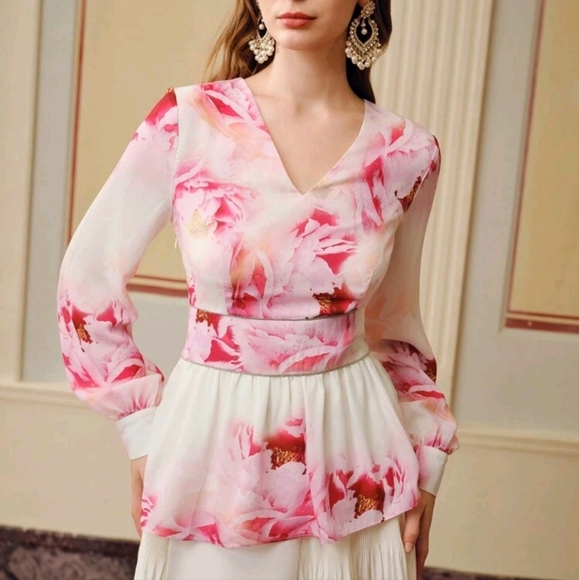 FLORAL PRINT V-NECK LANTERN SLEEVE PEPLUM TOP WITHOUT BELT - Picture 5 of 5